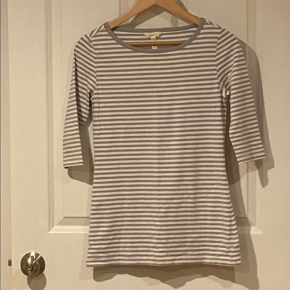 Matilda Jane Gray and White Striped 3/4 Sleeve Tee tunic length.